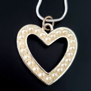 Vintage Pearly Heart Pendant Necklace 925 Silver Chain Included Romantic Love